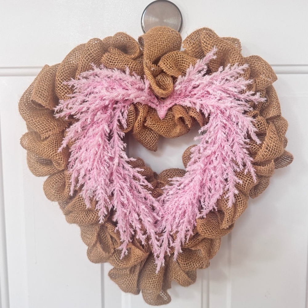 Valentines Heart-Shaped Burlap Wreath with Pink Accents